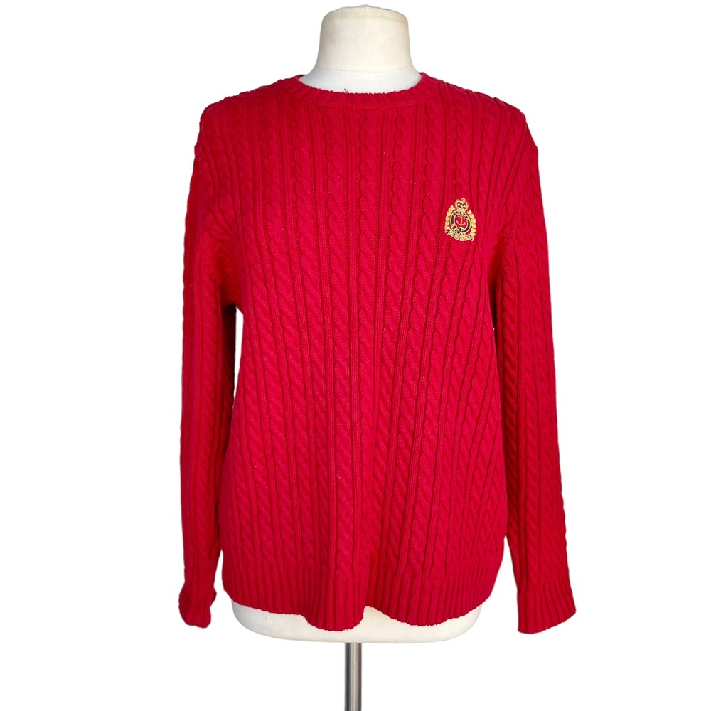 Lauren Ralph Lauren L Red Pullover Crest Cotton Long Sleeve Cable Knit Sweater